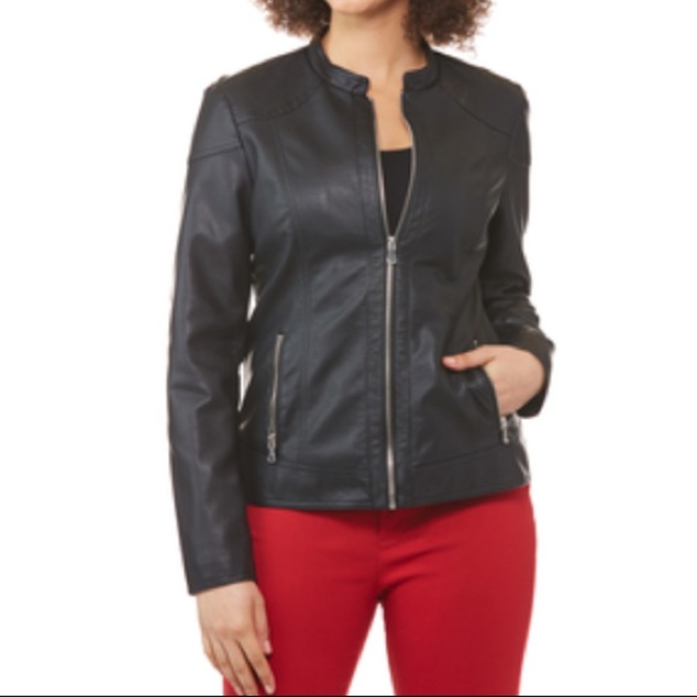 NEW JW Style Mandarin Collar Black Fitted Faux Leather Jacket